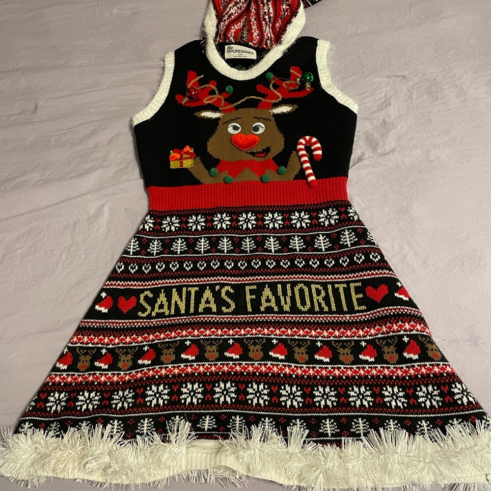 Red and Black Seasonal Dress with Reindeer Design